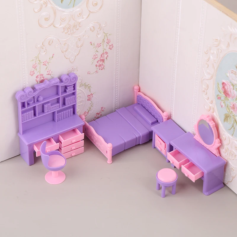 6Pcs/Set 1:12 Dollhouse Miniature Desk Chair Dressing Table Bedside Table Bed Furniture Model Decor Toy Doll House Accessories