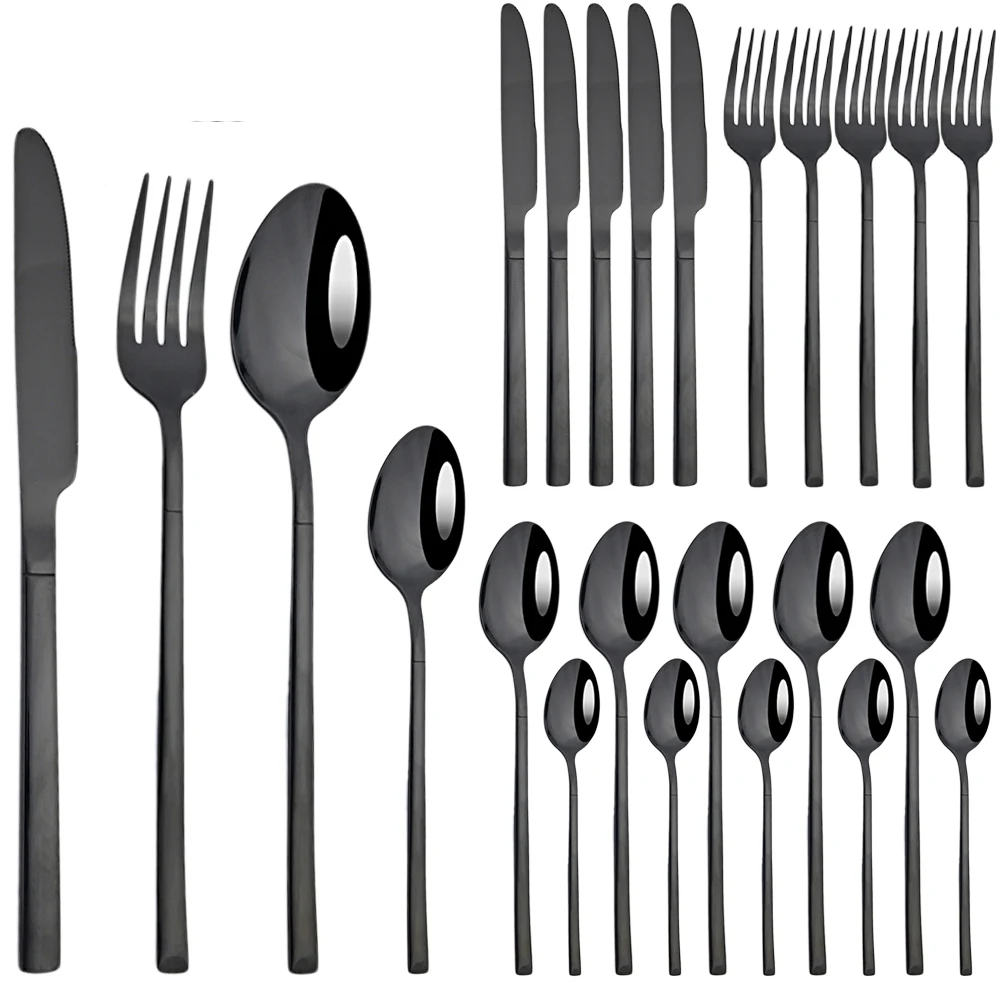 Zoseil 24Pcs Black Dinnerware Cutlery Set Stainless Steel Flatware Kitchen Mirror Silverware Steak Knife Fork Spoon Tableware