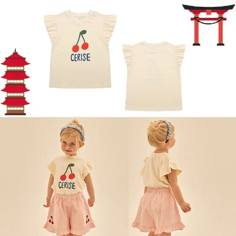 

Jenny&Dave Children's 2023 Summer New Leisure Girls' Cherry Print Flying Sleeves Short sleeved T-shirt and Skirt Set for Childre