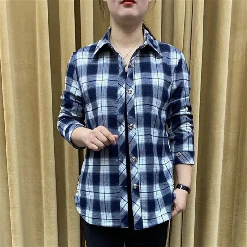 2024 Spring Autumn New Shirt Feminine Cotton Plaid Coat Middle-Aged Old Women Large Size Jacket Western Style Blouse Ladies Tops