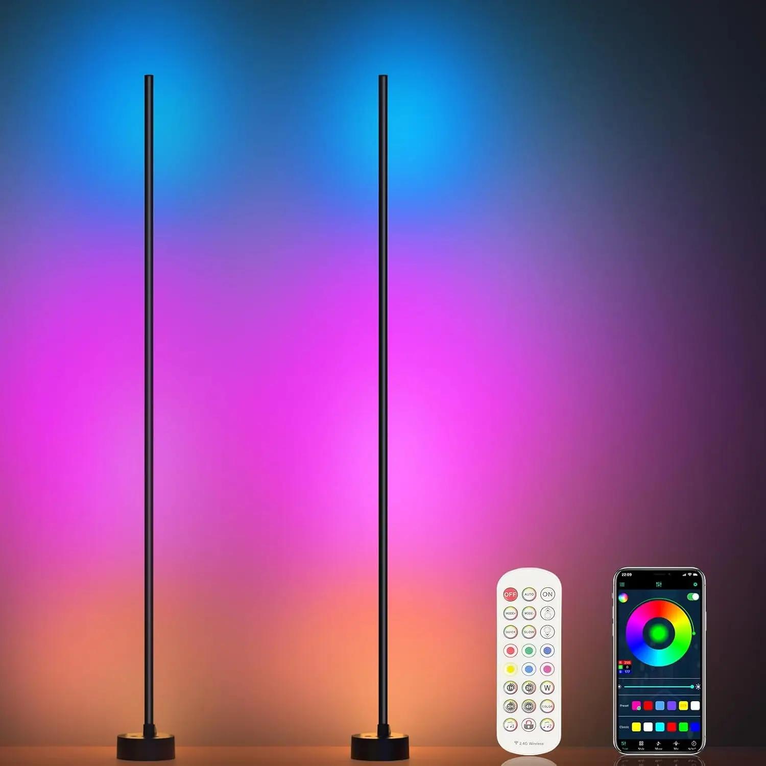 

Комплект из 2 умных RGB-светильников для угла помещения с управлением через приложение/пульт, 16 миллионов цветов и синхронизация с музыкой для гостиной, спальни