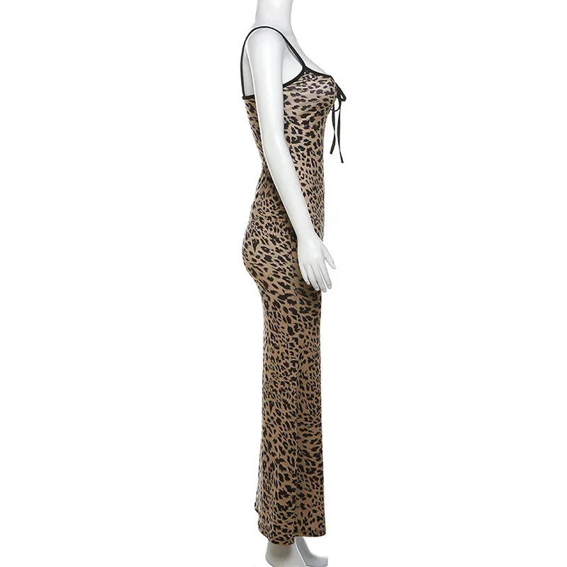 Leopard Print Sexy Bandage Hollow Out Bodycon Party Club Maxi Dress Women Summer Sleeveless Backless Evening Long Dresses Outfit