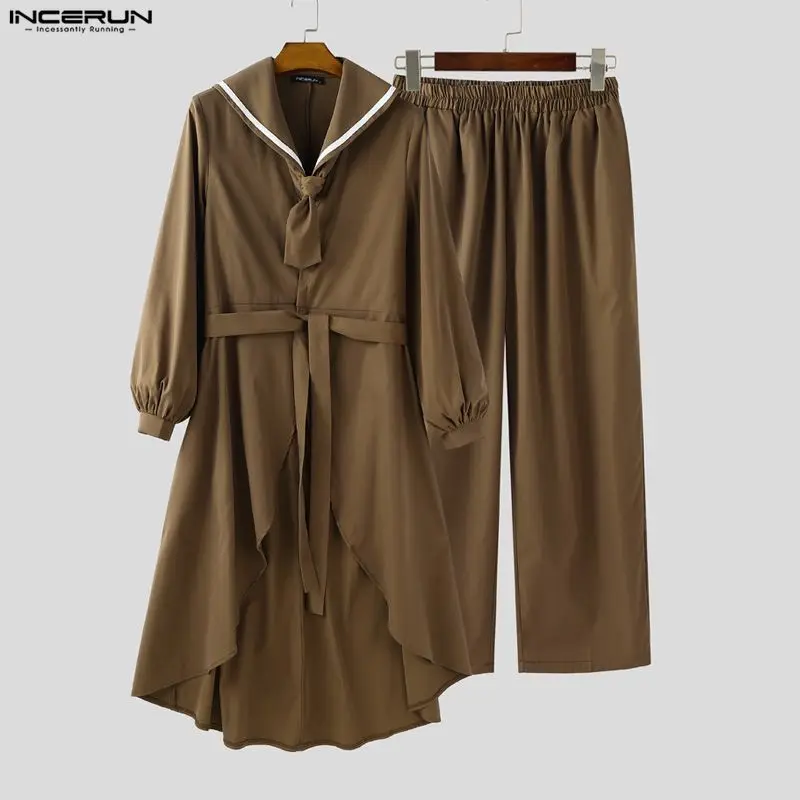 INCERUN Herren-Sets, Patchwork, marineblauer Kragen, langärmeliges, langes Hemd und Hose, zweiteiliges Set, Streetwear, lockere Passform, modische Herrenanzüge.
