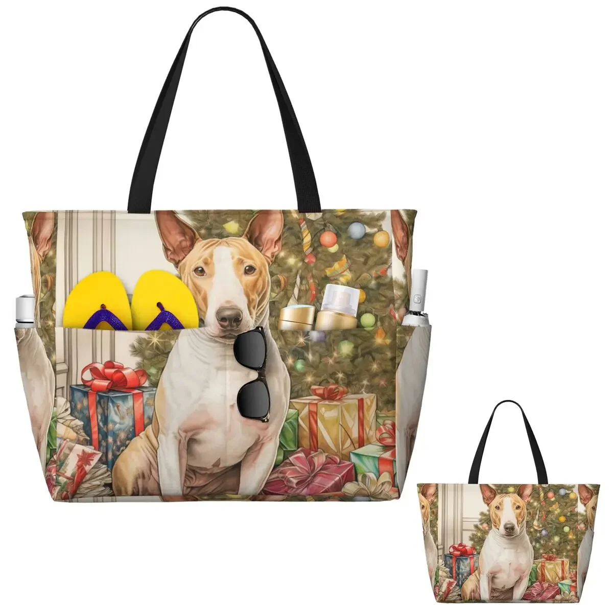 

Christmas Staffordshire Bull Terrier Dog Portrait Beach Tote Bag Sport Gym Duffle Large Tote Bag Women Travel Bag Fitness bag