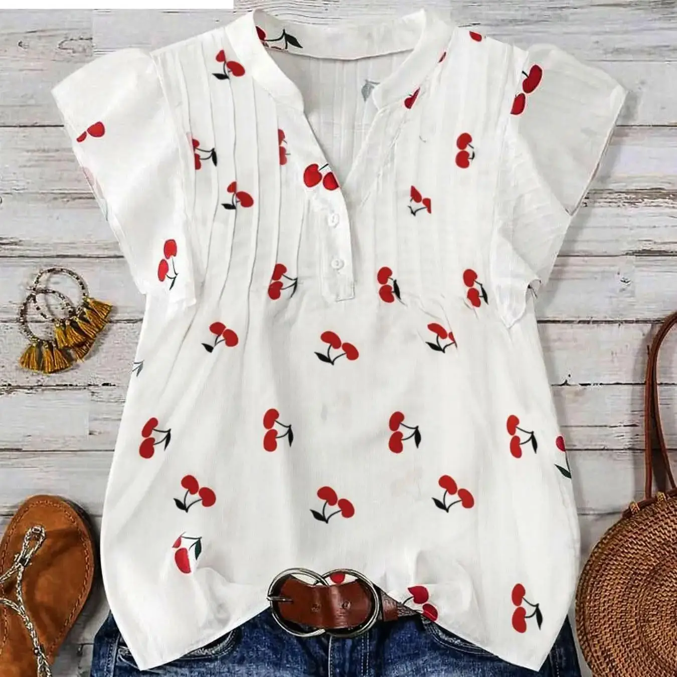

【Plus Size】 Cherry Print Blouse, Casual Short Sleeve Top for Summer, Women's Plus Clothing for Daily Wear