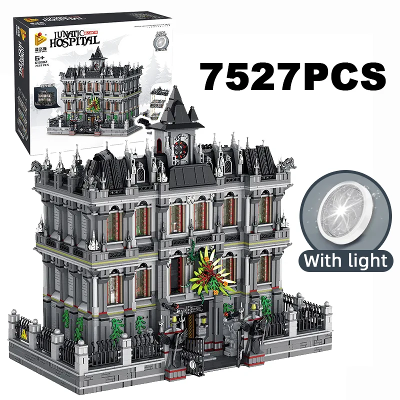 7527 個の狂人病院ビルディングブロック精神科病院映画建築モデルライト付き組み立てレンガのおもちゃ子供大人