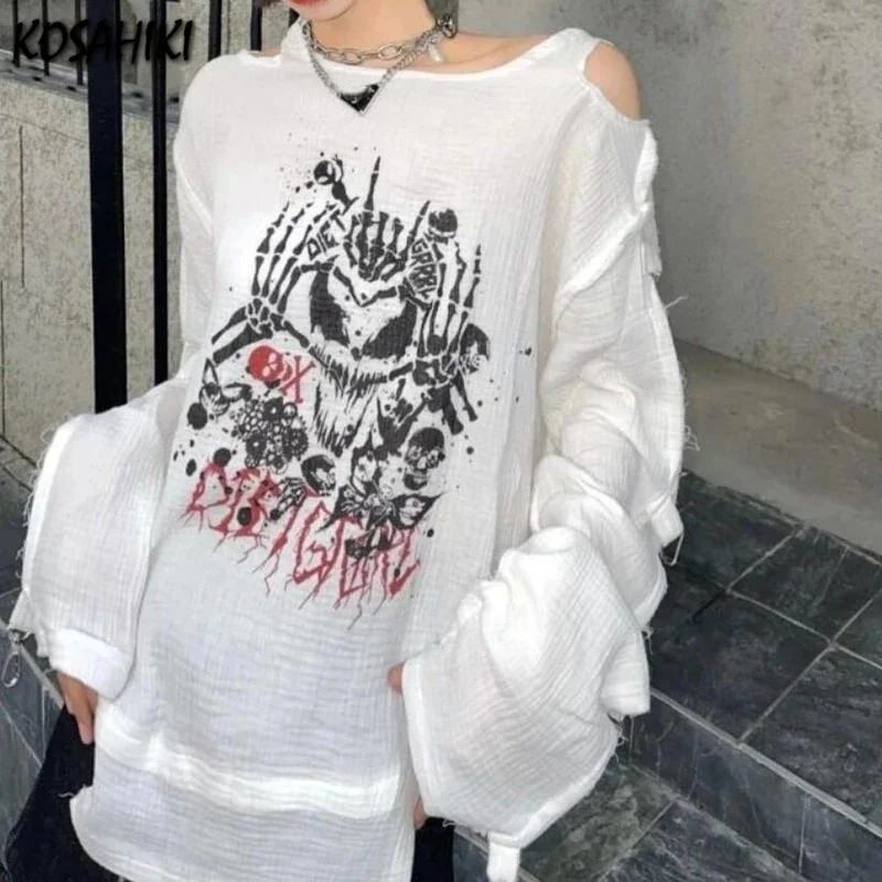 KOSAHIKI Y2k Grunge Tea Shirts Femme Gothic Skull Print Loose T Shirt Women Off Shoulder Long Sleeve Japanese Harajuku Tops 2024