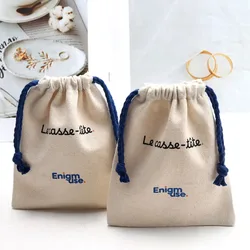 Custom Natural Cotton Gift Bags with navy rope colorful Logo organic Canvas Jelwelry Drawstring Dust Sack