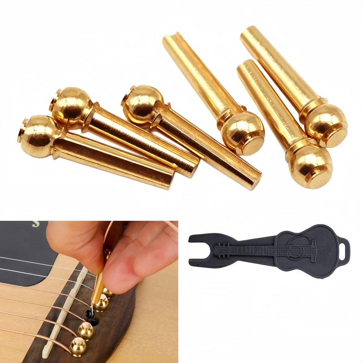 Miwayer - Juego de 6 clavijas de latón para puente de guitarra con herramienta extractora, clavijas cónicas fijas de cobre sólido para repuesto de piezas de guitarra acústica