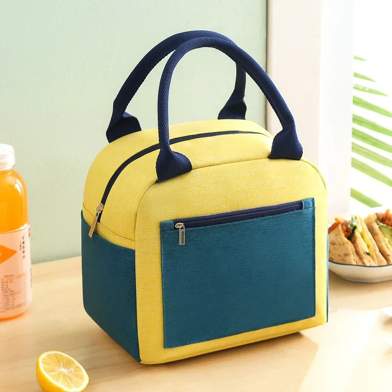 Color blocking bento bag, insulated bag, cationic lunch box handbag, aluminum foil thickened waterproof lunch bag, ice pack