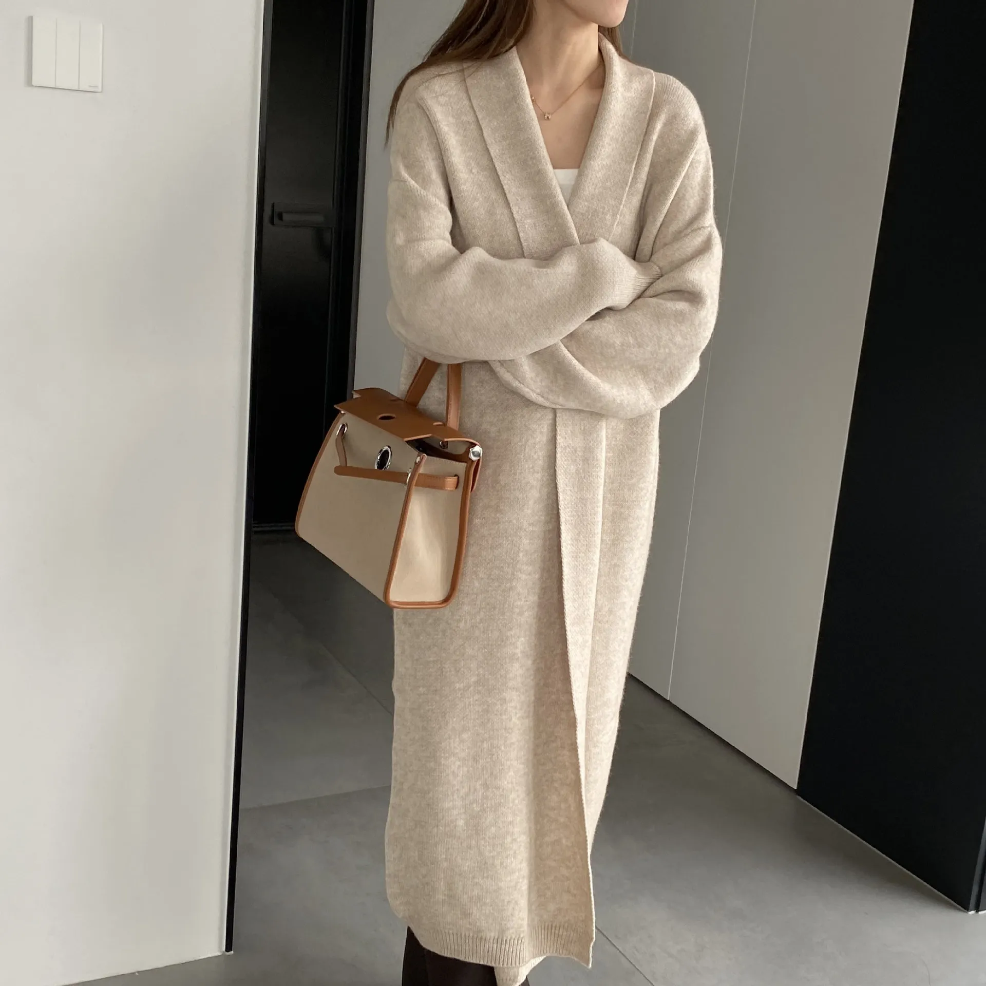 2023 Women Autumn Knitted Sweater Coat Turn Down Collar Cardigans Long Sleeve Women Beige Sweater Tops Loose Style Coat