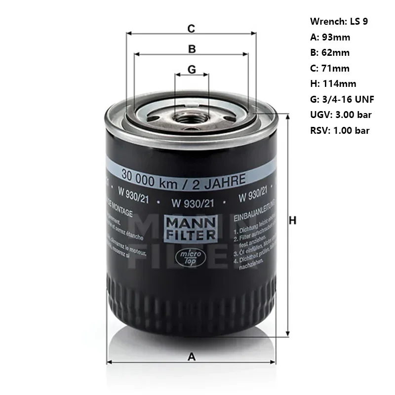 MANNFILTER W930/21 Oil Filter Fits VW Passat B6 AUDI A4 B6 8ED 8EC A6 SKODA Superb I 3U 078115561D 078115561H 078115561J