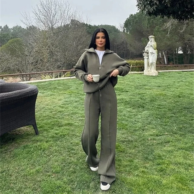 طقم بدلة رياضية نسائية بنصف سحاب، سويت شيرت قصير برقبة عالية، بنطال واسع الساق، كاجوال فضفاض مكون من قطعتين