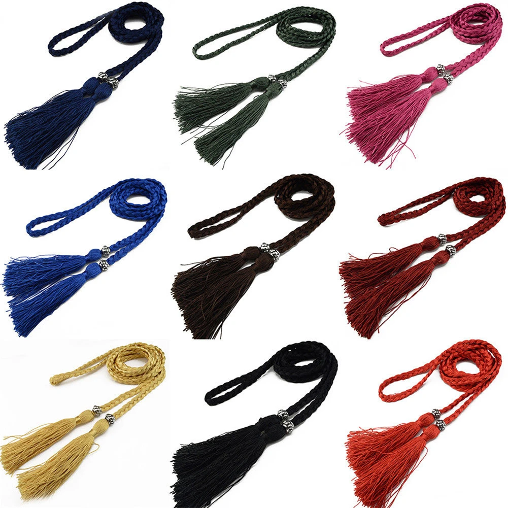 Women Woven Belt Thin Braid Tassel Rope Waist Belts For Dresses Waistband Knot Decorated Cotton String Waist Rope Accessories