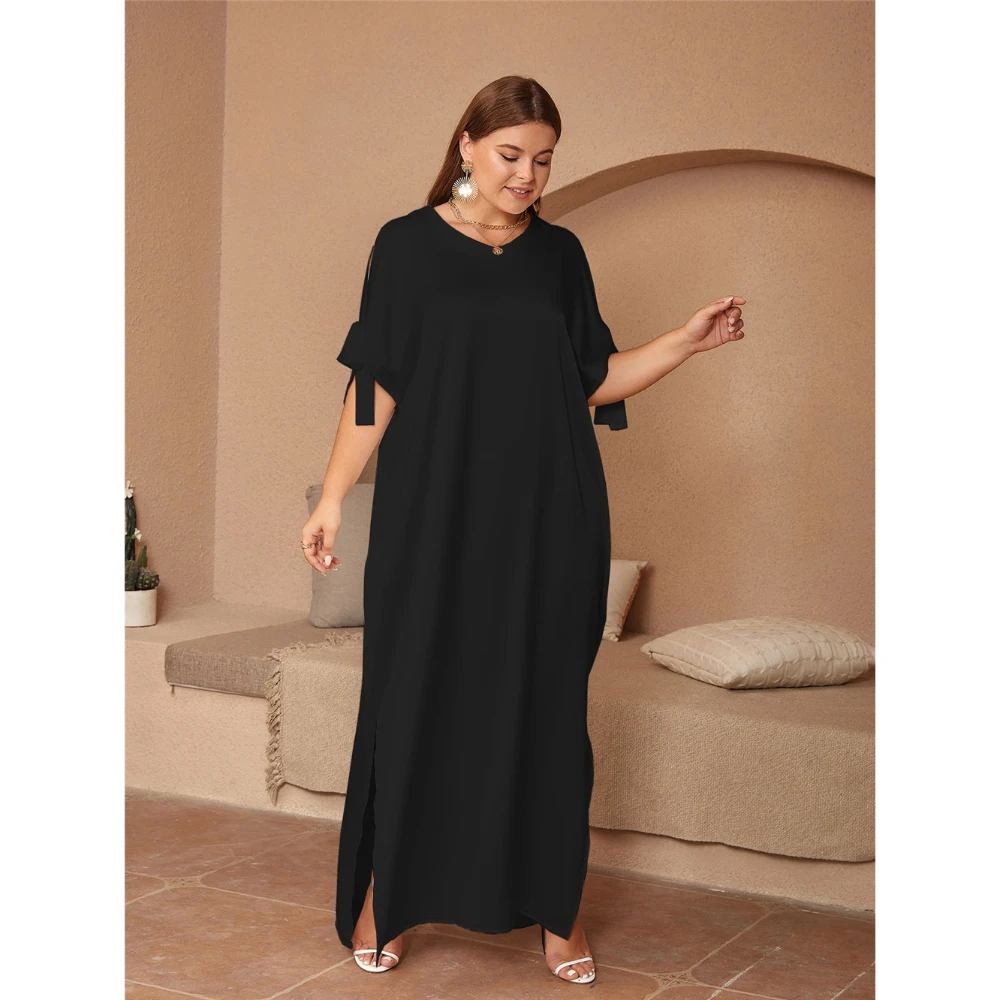 

Plus-size Middle Eastern Women's Dress Solid Color Round Neck Bow Slit Long Skirt Loose Robe Elegant Comfortable Dress 2825