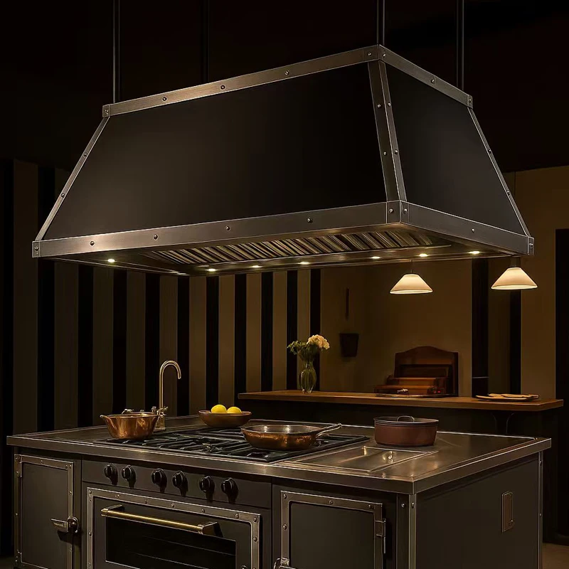 Custom Luxury Island Black Powder Stainless Steel Wall-mounted Chimney Hood Cover Electric Range Hood for Outdoor Household Home