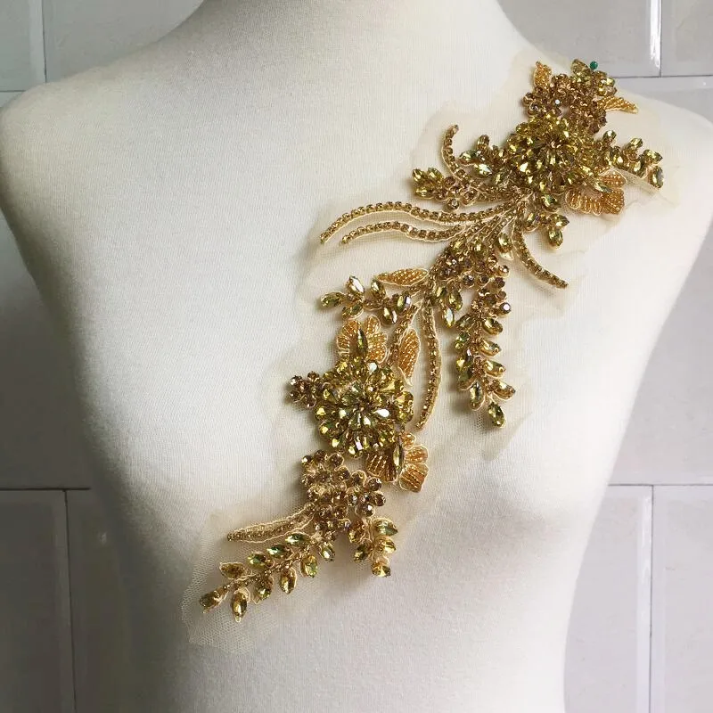 Gold Yellow Glass Crystal Beaded Trims Fashion Garments Dress Accessory Hand-sewed Rhinestone Applique For Dancing Dress  Crafts