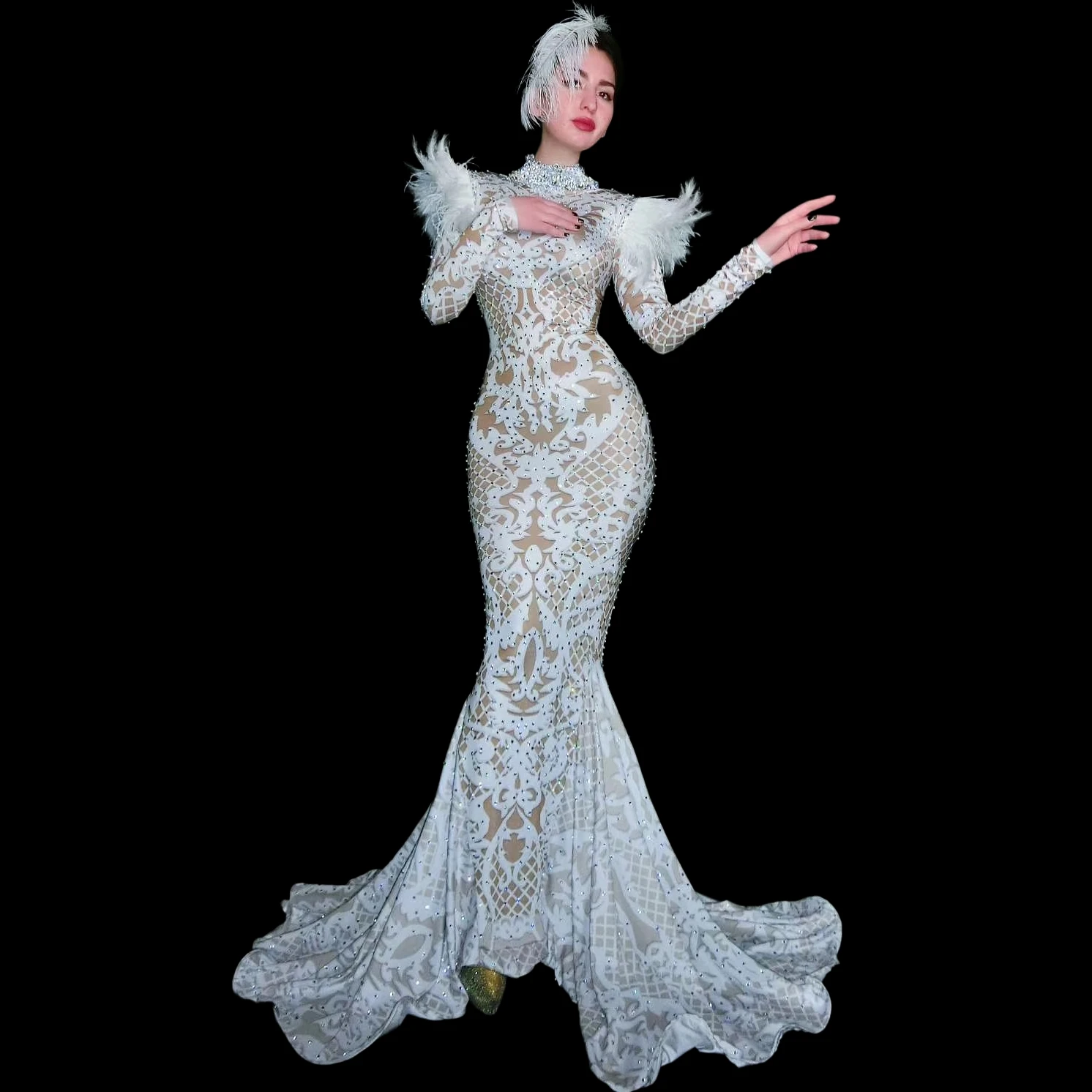 

Women White Feather Rhinestone Mermaid Maxi Gown Long Sleeve High Neck Sparkly Wedding Formal Prom Party Evening Dress Litibai