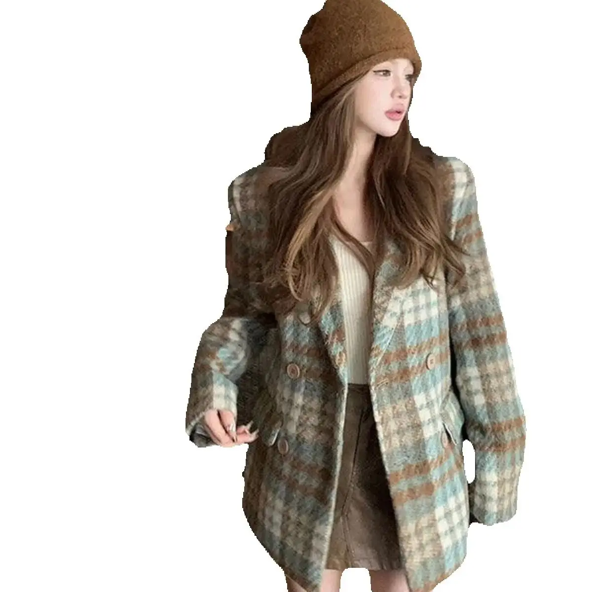 Korea Retro Plaid Quilted Mid-Length Suit Woolen Coat Women'S Autumn Winter New Loose Long-Sleeved Woolen Jacket