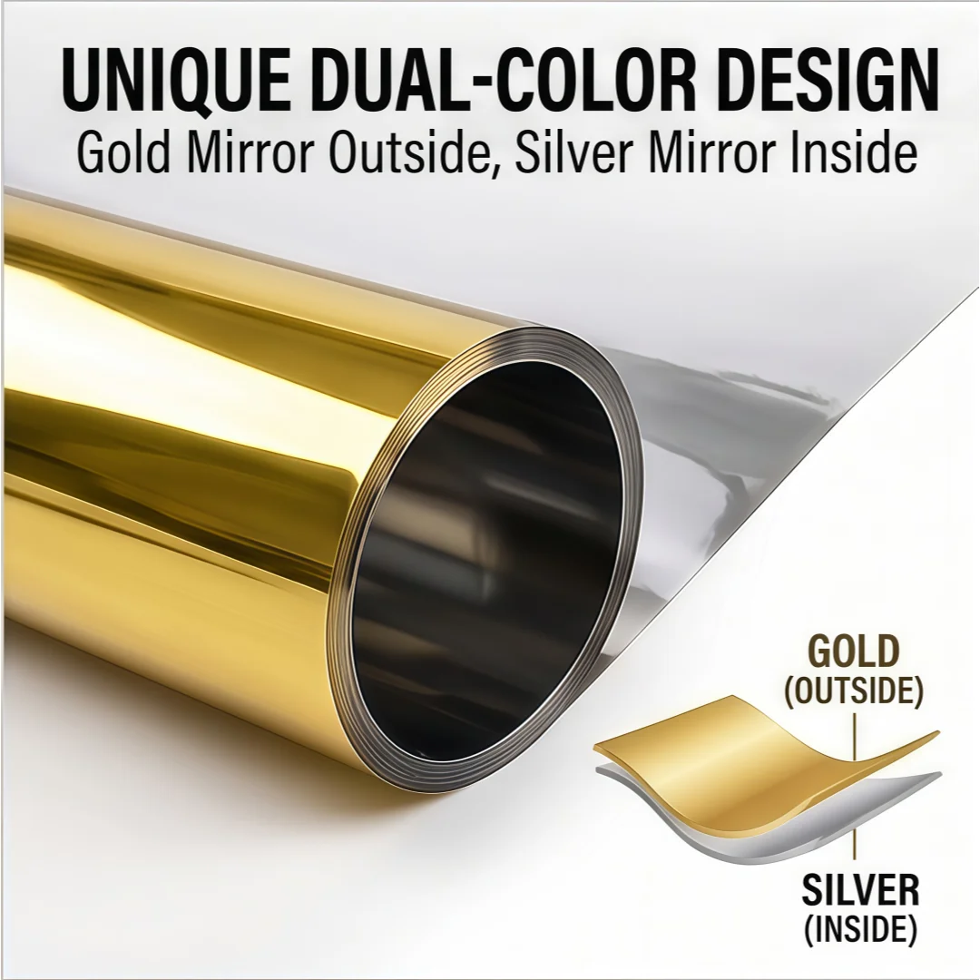 No‑Adhesive One‑Way Mirror Window Film Static Cling Gold Silver Back Solar Heat Rejection 85% UV Protection Window Sticker