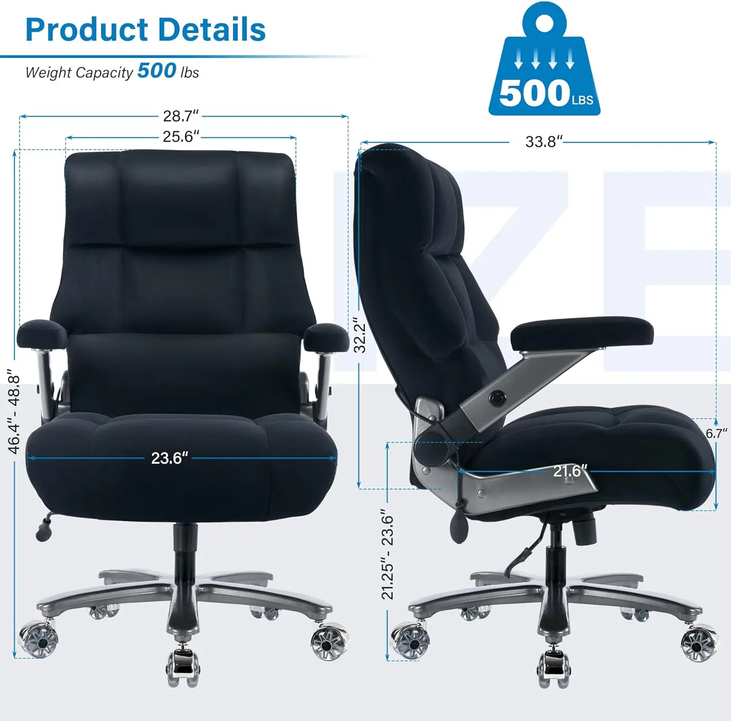 Silla de oficina grande y alta de 500 libras, silla de escritorio ejecutiva con soporte lumbar ajustable, brazos abatibles 3D, ruedas silenciosas de alta resistencia M