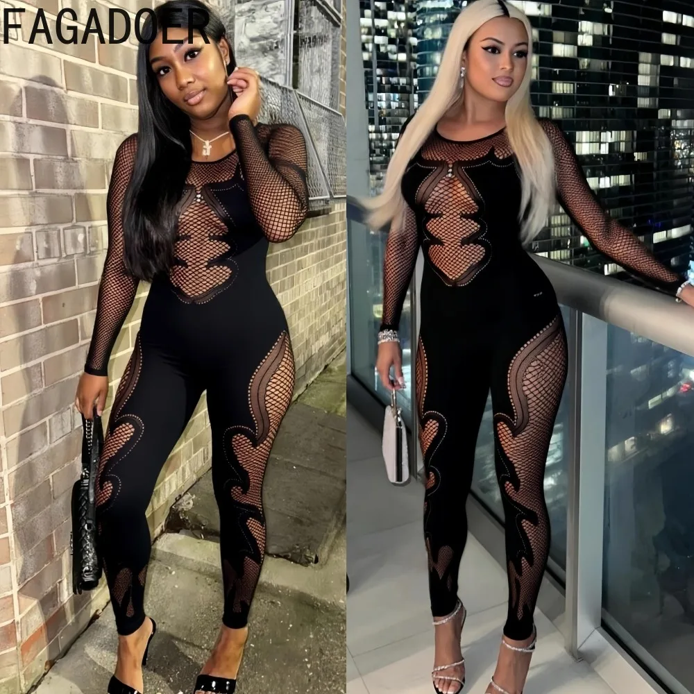 

FAGADOER Y2K Sexy Quality Lace Bodycon Jumpsuit Women Long Sleeves Hollow Out See Through Romper Female Streetwear Overalls 2025