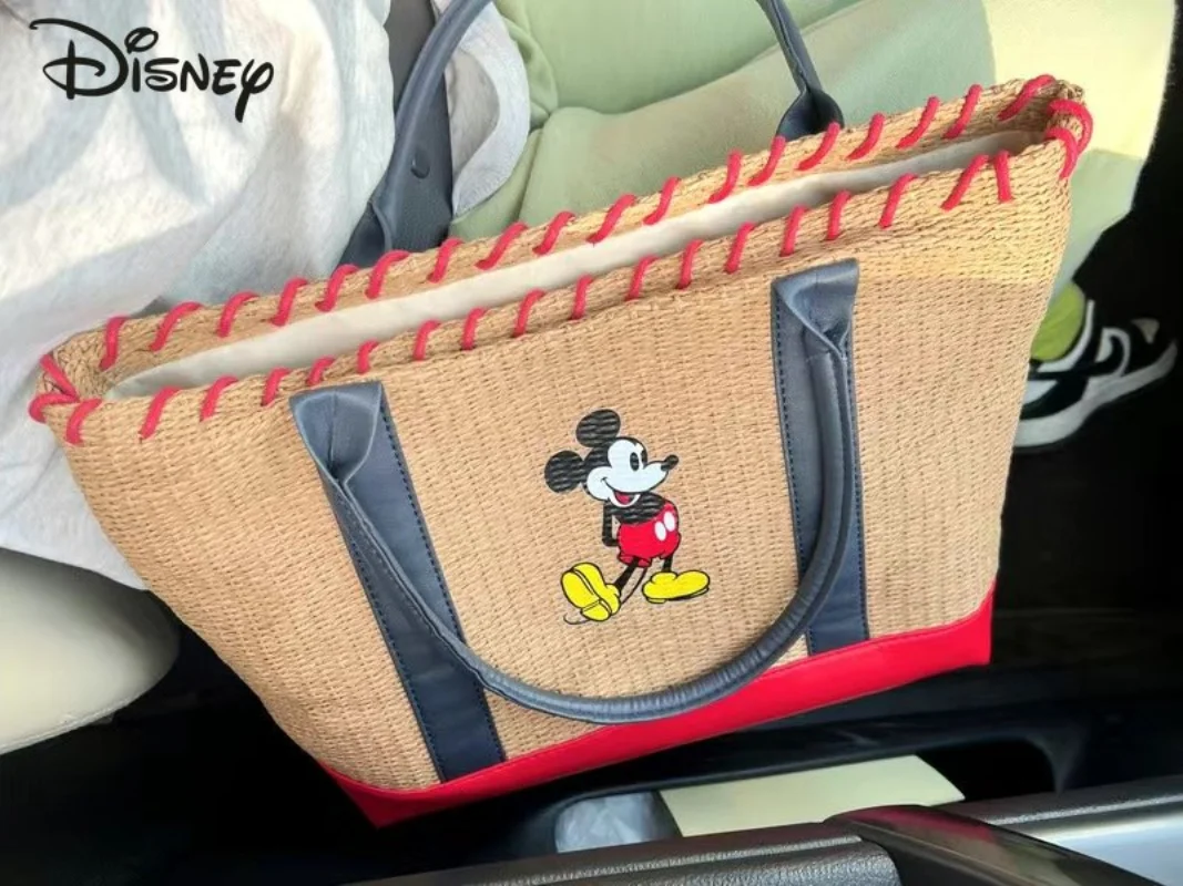 Disney\'s New Women\'s Straw Woven Bag Mickey Handbag High Beauty Travel Work Shoulder Bag Cute Fashion Large Capacity Tote Bag