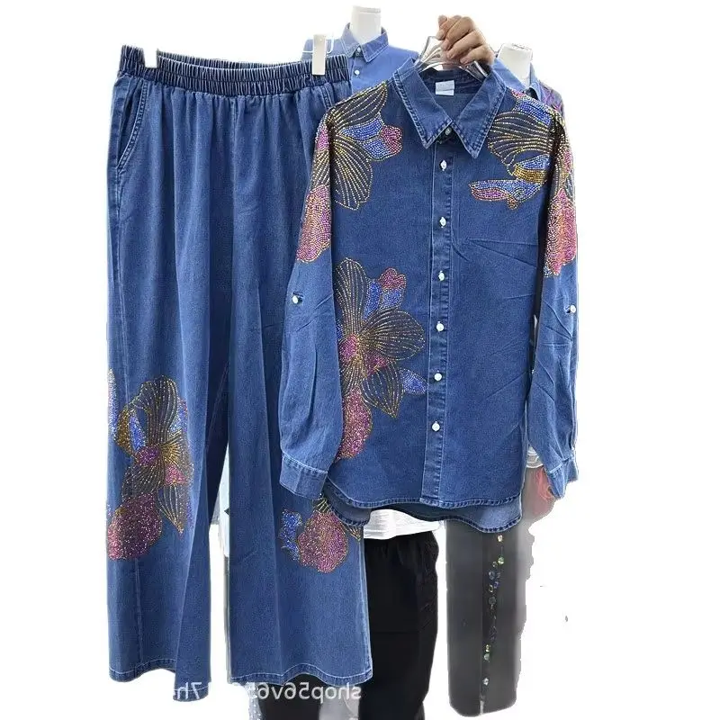 

2025 New Autumn Female Two-piece Set Diamonds Flowers Single-breasted Denim Shirt Top + Elastic Waist Wide Leg Straight Jeans