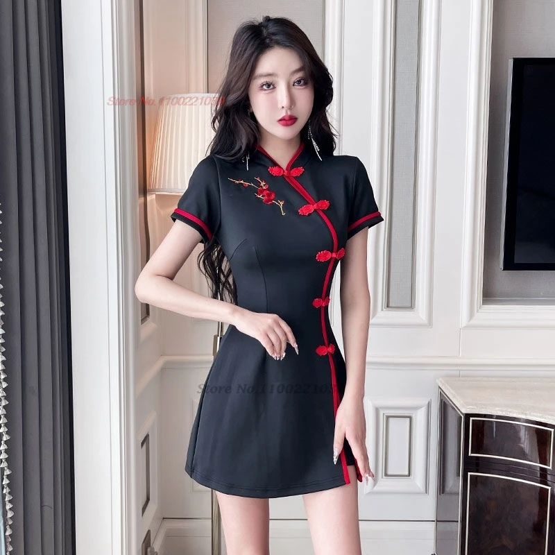 2024 chinese nightclub dress improved qipao cheongsam national flower embroidery qipao dress+shorts set hotel spa work dress