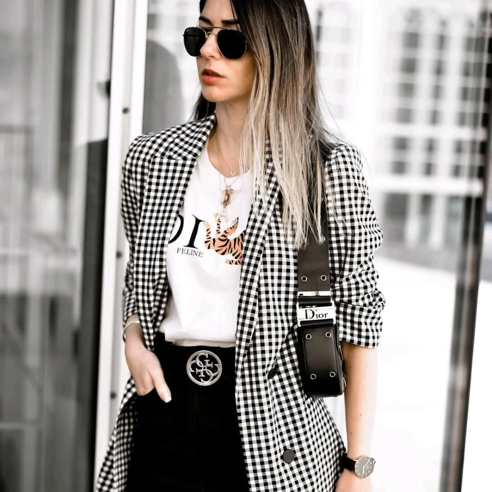 PB&ZA 2024 Spring New Women\'s Fashion and Elegance Commuting Versatile Black and White Plaid Roll Sleeve Suit