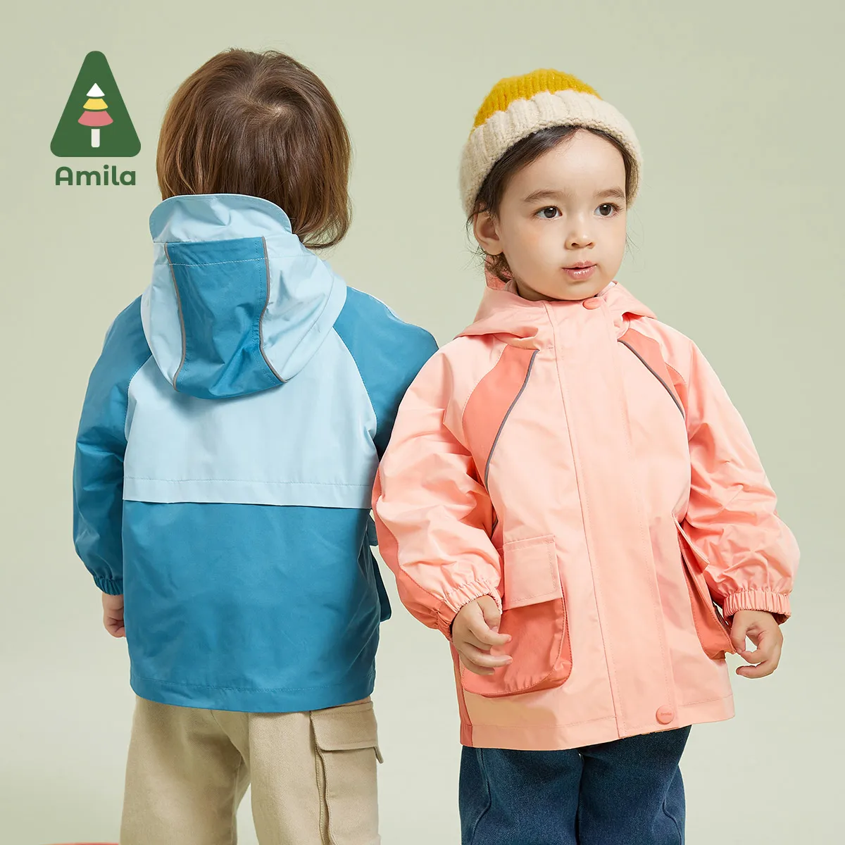 Amila Baby Coat 2023 Autumn New Contrast Montage Comfortable Warm Cute Two-Piece Girls And Boys  Outerwear Kid\'s Clothes