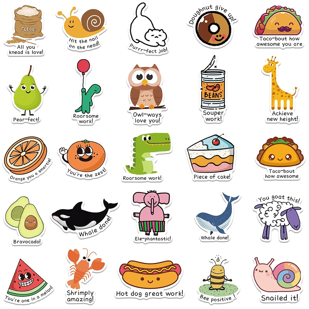 50pcs Funny Cartoon Food Animal Stickers For Kids Adults Student Reward Decals For Laptop Water Bottle Diary Vinyl Stickers