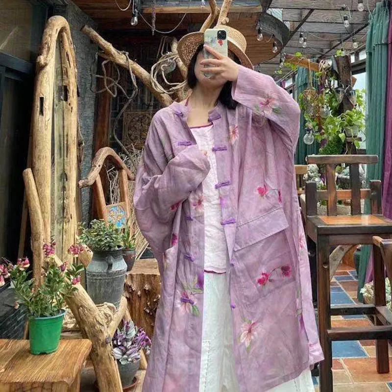 New Chinese Ramie Loose Version Of long-Sleeved Shirt Women's Summer And Autumn Thin Single-Breasted Printed Long Coat Outside