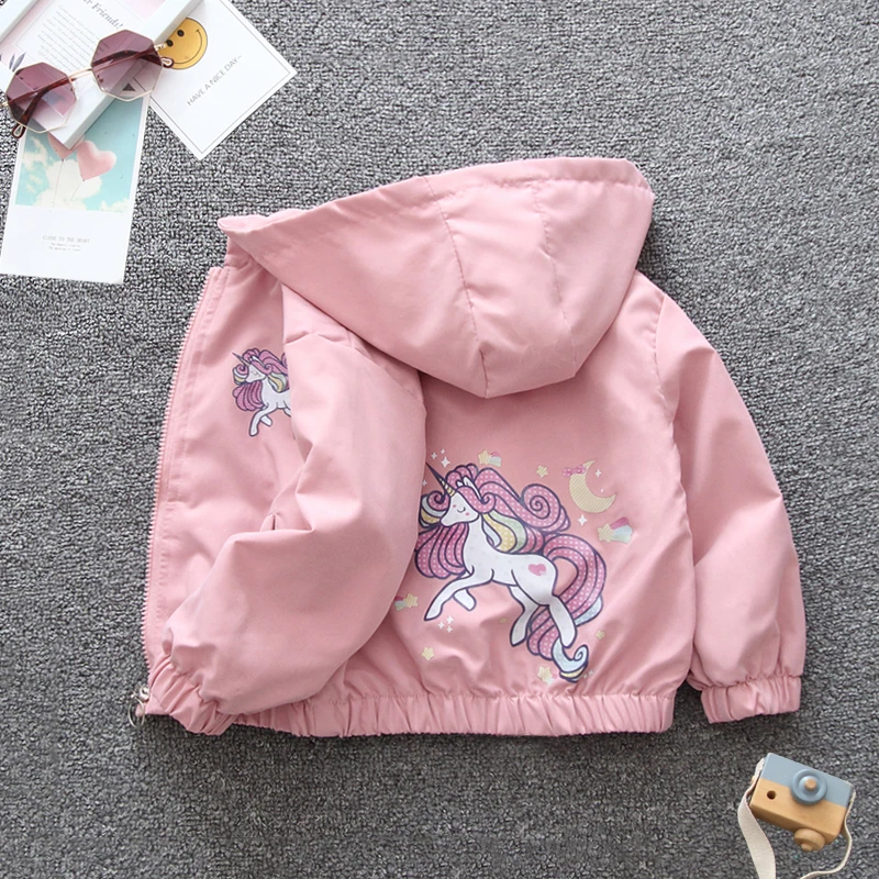 2024 Spring and Autumn Girls\' Leisure Cartoon Unicorn Long sleeved Hooded Zipper Coat Children\'s Clothing 1-8Y