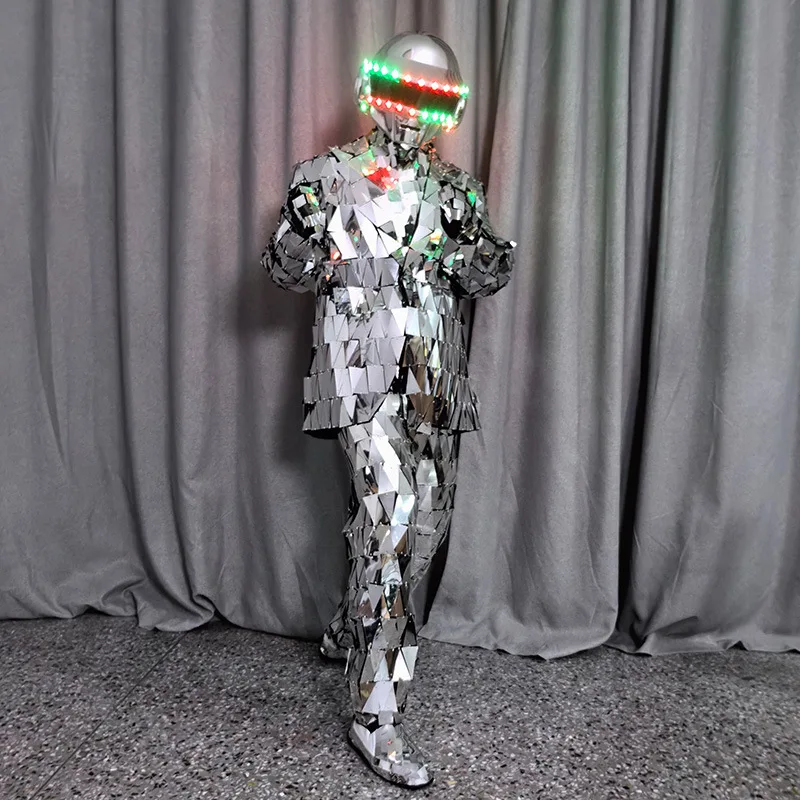 Sliver Mirror Men Costume Led Helmet Stage Party Show Clothing Singer Nightclub Costumes Halloween Festvial Cosplay Suit