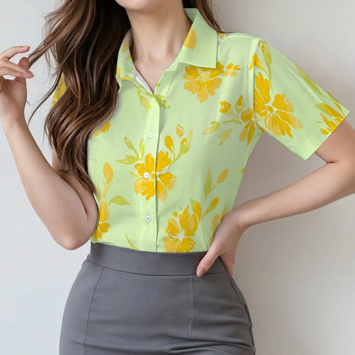 

Summer women's short-sleeve lapel shirt, summer style, eye-catching flowers, delicate for dates, casual & street wear.