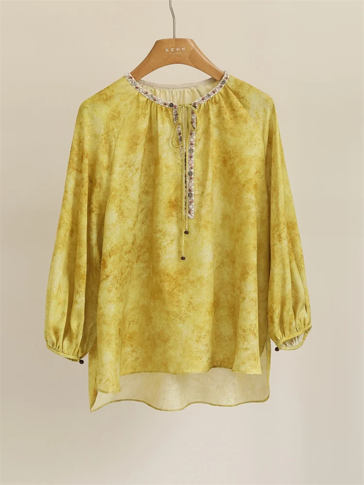 

Ретро-блузка женская из китайского шелка ручной окраски, свободного кроя, с завязками на груди, украшенная, с длинными рукавами, круглым вырезом, в традиционном стиле, D50672