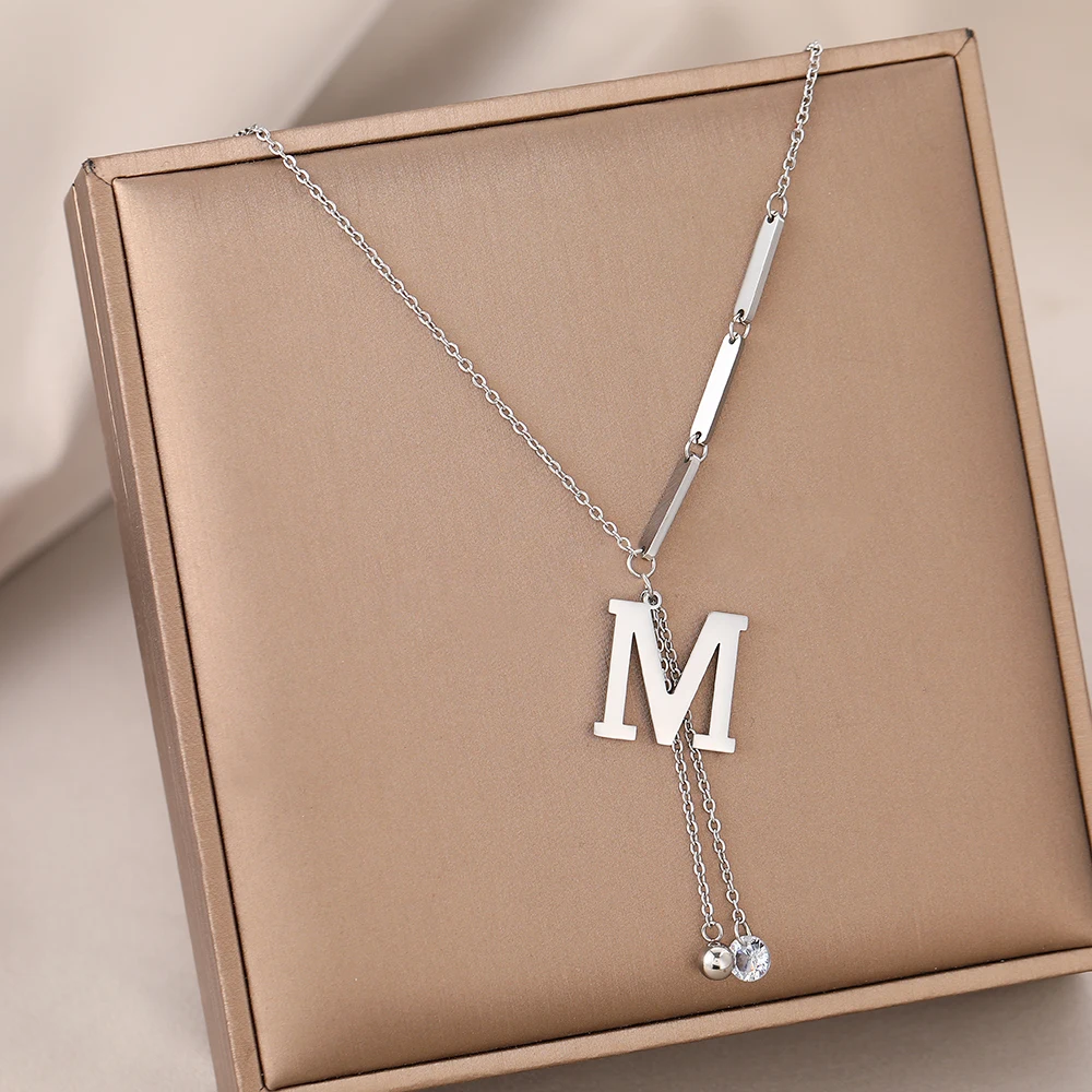 Stainless Steel Necklaces New Popular M Letter Pendants Tassel Zircon Fine Choker Chain Fashion Necklace For Women Jewelry Gift