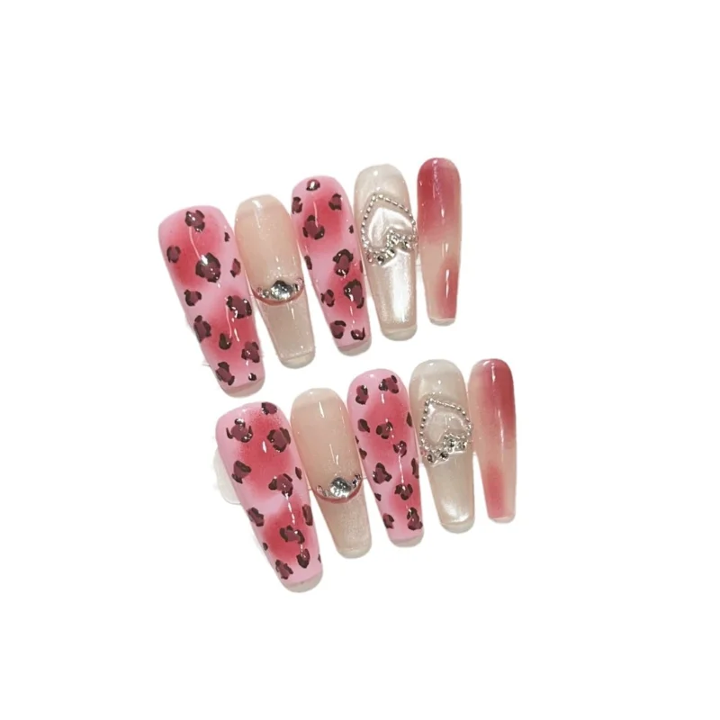 

Personalized wearing armor handmade sweet and cool babes pink leopard print cat eye manicure bead curtain love broken diamond