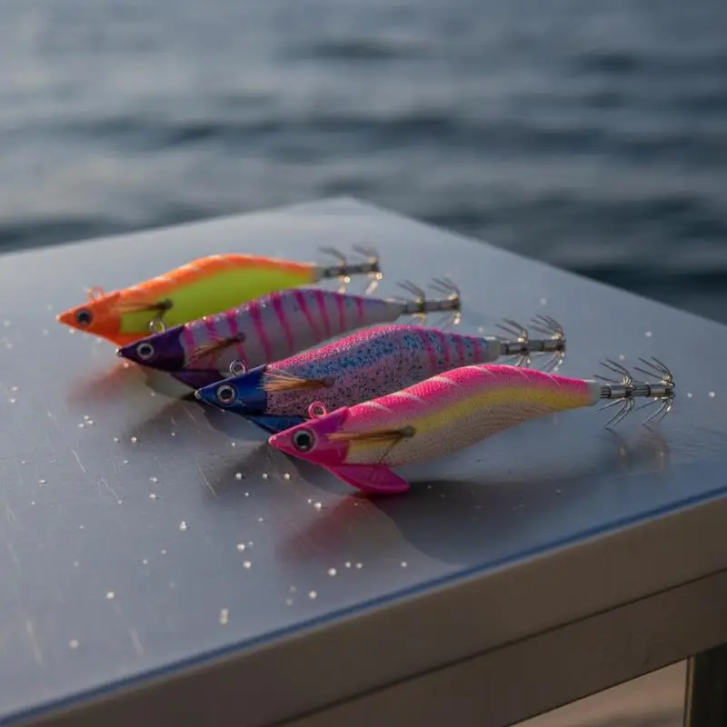 Hochpenetrierende Bleiköpfe für Tintenfisch-Jigs, Leuchtende Holz-Garnelen-Egi für Salzwasser-Oktopus- und Tintenfisch-Nachtfischerei – Detail 9