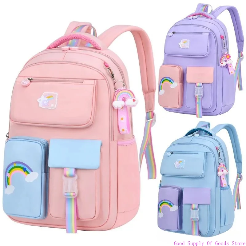 Ransel Anak-anak untuk Tas Buku Sekolah Anak Perempuan Warna Macaron untuk Ransel Remaja Tas Sekolah Banyak Kantong Lucu dan Liontin Pelangi