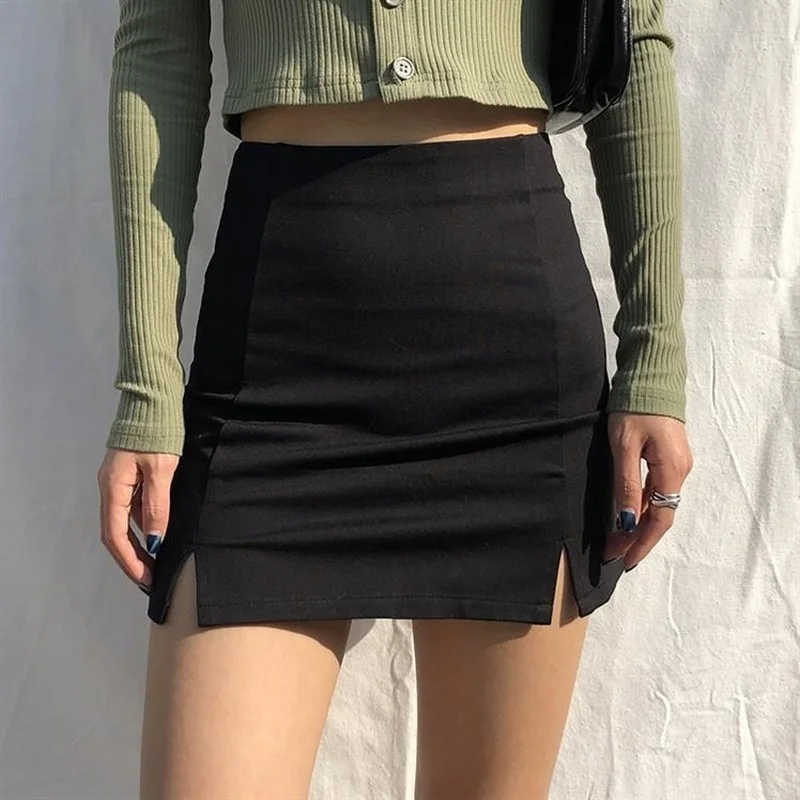 Faldas ajustadas con cremallera para mujer, ropa con abertura, envoltura negra, Mini Falda corta estética Vintage, ropa de calle informal, tendencia