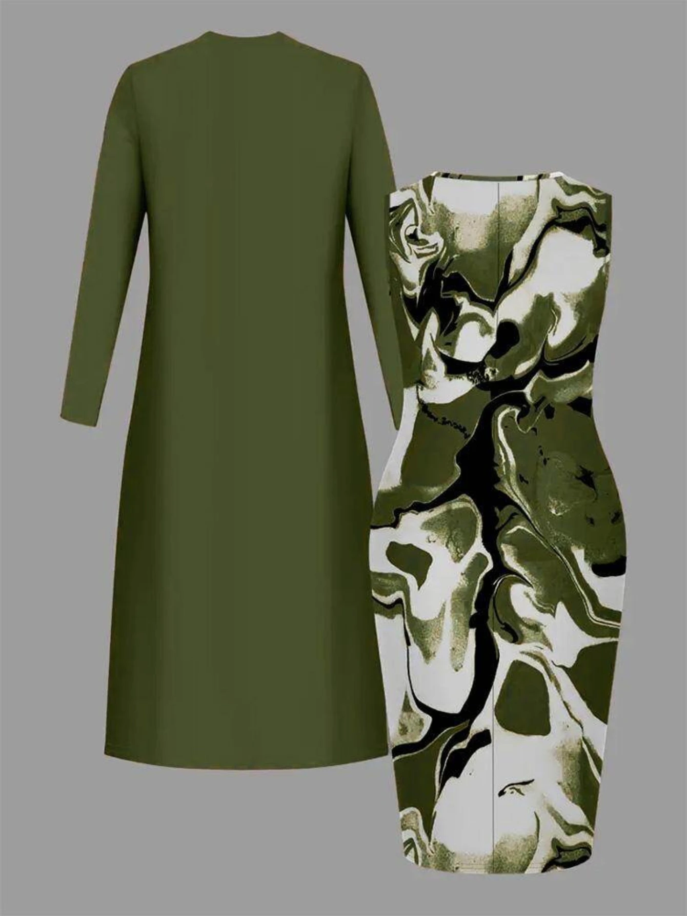 Long Sleeve Open Front Long Cardigan And Marble Print Sleeveless Midi Dress Two Piece Casual Outfit Set For Women