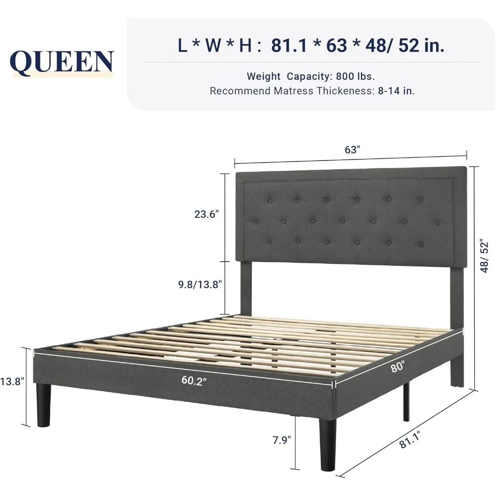Queen Size Button Tufted，Fabric Upholstered Bed Frame with Adjustable Headboard，Wood Slat Support