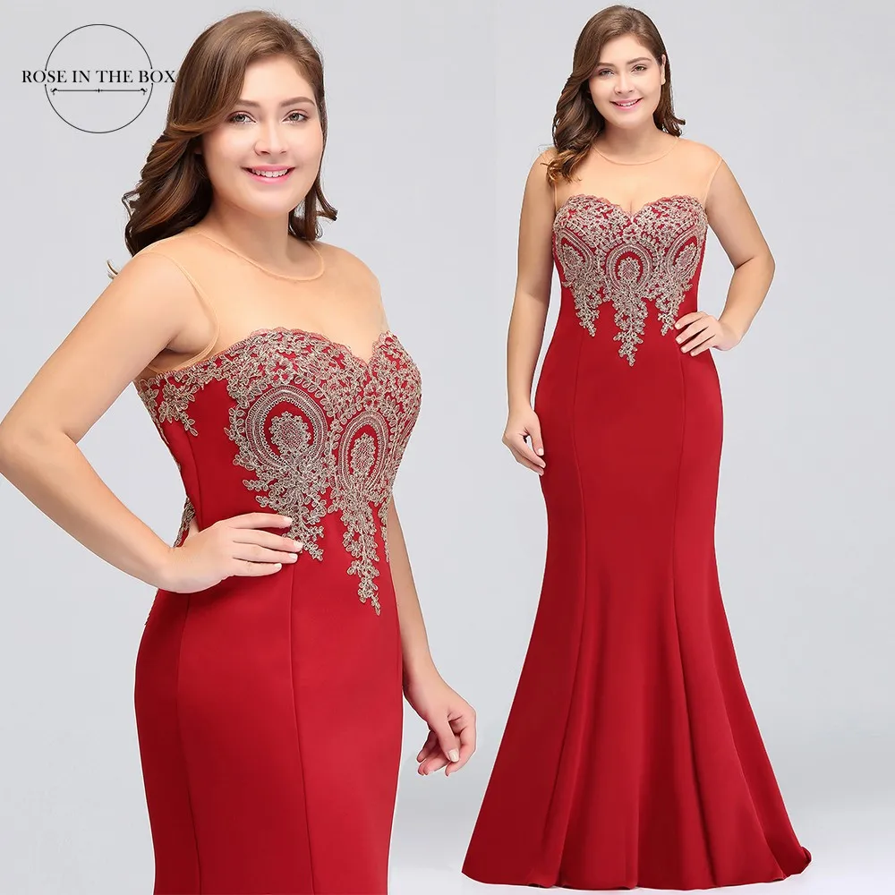 Plus Size Women\'s Gold Lace Applique Mermaid Evening Dress Long Formal Wedding Party Gown Elegant Prom Dress Robe De Soiree