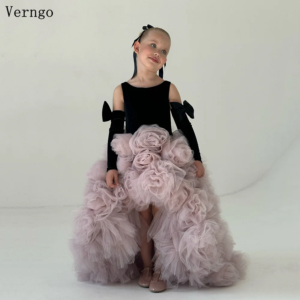 Verngo สีชมพู Tulle ดอกไม้สาวชุดสูง O คอ Ball Gown Sweap Train ชุดวันเกิดที่กําหนดเอง