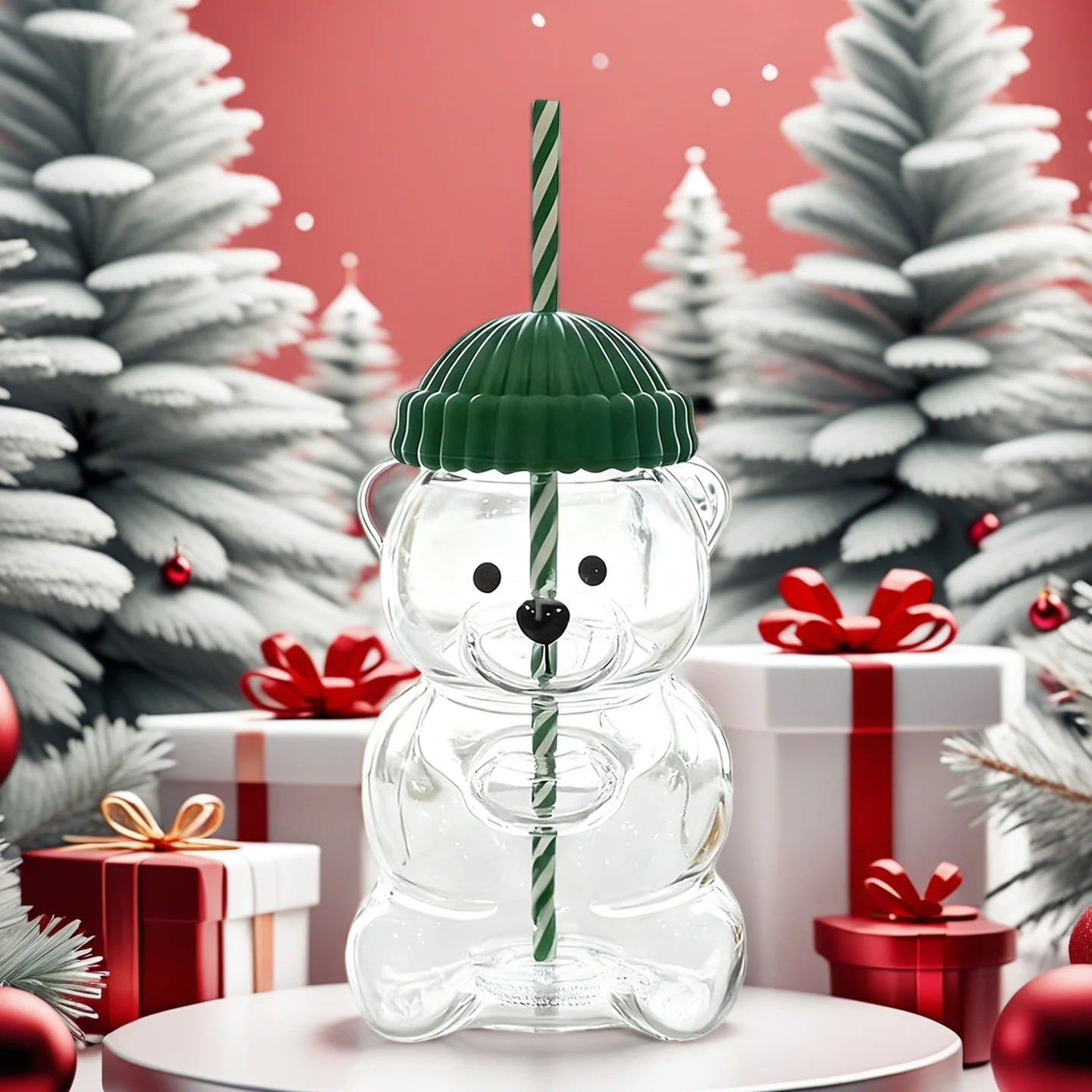 

2025 New For Starbucks Christmas limited edition bear hat coffee straw cup transparent and lovely style portable Christmas gift