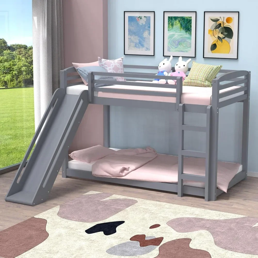 Bunk Bed with Slide and Ladder, Solid Wood Low Bunk Bed Twin Over Twin, Montessori Floor Bunk Bed with Guardrail for Kids Girls