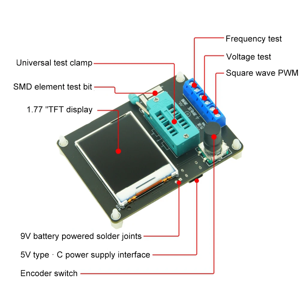 Imagem -06 - Transistor Tester Esr Lcr Capacitor Capacitância Diodo Tensão Pwm Medidor de Freqüência Multímetro Tipo-c 9v Carga Kit Diy Gm328a