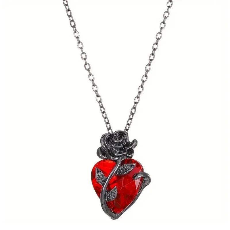 Dark Romance Heart Rose Necklace Gothic Alloy Chain For Women Unique Fashion Jewelry